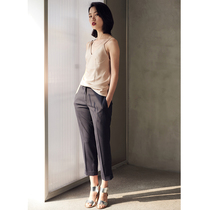 topbuyer铁灰色低腰微宽松西装裤女 锥形剪裁 八分裤 裤脚卷边