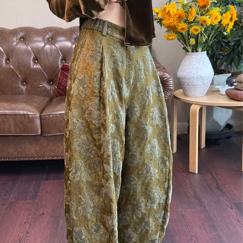 Autumn and Winter Style, Elastic and Loose-Fitting, Niche Design, Retro Lazy Casual Wide-Leg Pants, Jacquard Weaving, National Style, New Chinese Style