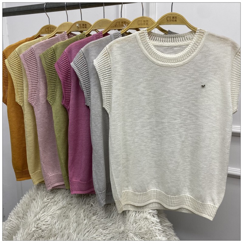Plain Color Versatile Hollow-Out Round Neck Short-Sleeve Knit Top for Women, Summer Design Top 822 Plain Color Versatile Hollow-Out Round Neck Short-Sleeve Knit Top for Women, Summer Design Top 822