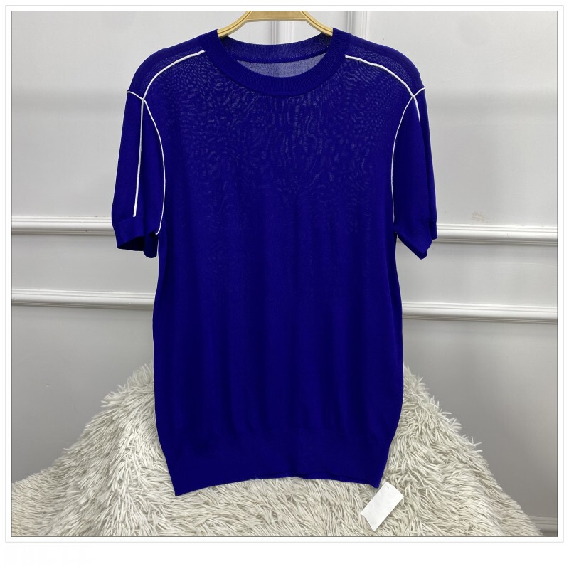 Blue Round-Neck Short-Sleeved Knit Top, Summer Style, Stylish and Slimming Sweater Top