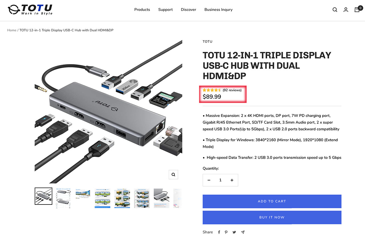 TOTU 12合 1 拓展坞 三屏 USB-C 集线器带双 4K@30hz HDMI 2.0  DP 1.4 1080p RTL8153B 1000M Ethernet  docking station tt-hb010a