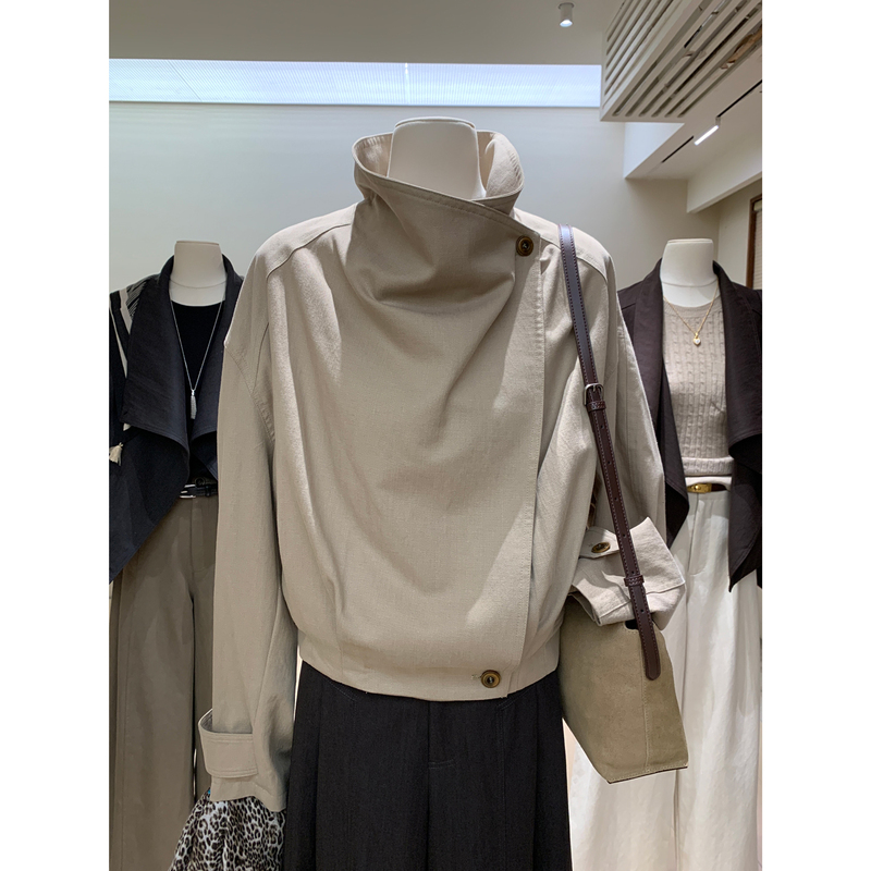 Korean-Style Irregular Diagonal Lapel/Stand Collar Oversized Short Coat, High-End Autumn Loose-Fitting Slimming Jacket Trench Coat