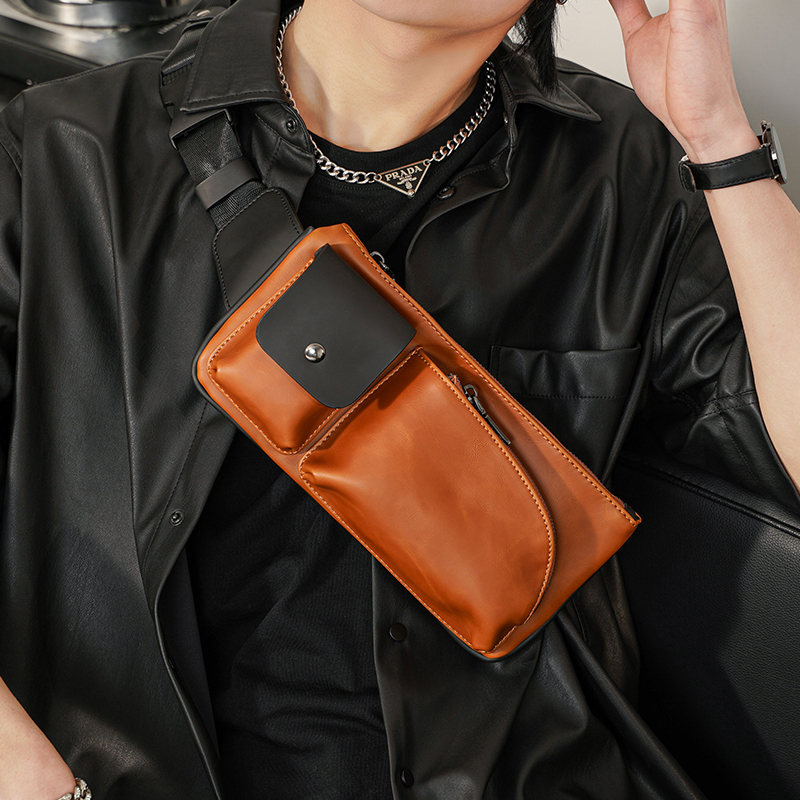 Retro Male Pouch New Mad Horse PU Leather Chest Front Bag Youth Outdoor Casual Single Shoulder Bag Back Satchel Small Purse