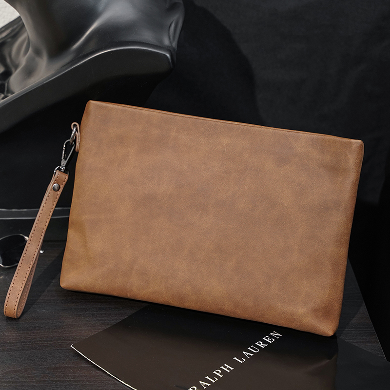 2026 Japanese and Korean Style Men's Wrist Bag, Trendy Crazy Horse Pu Leather Vintage Clutch Bag, Street Style Envelope Document Bag