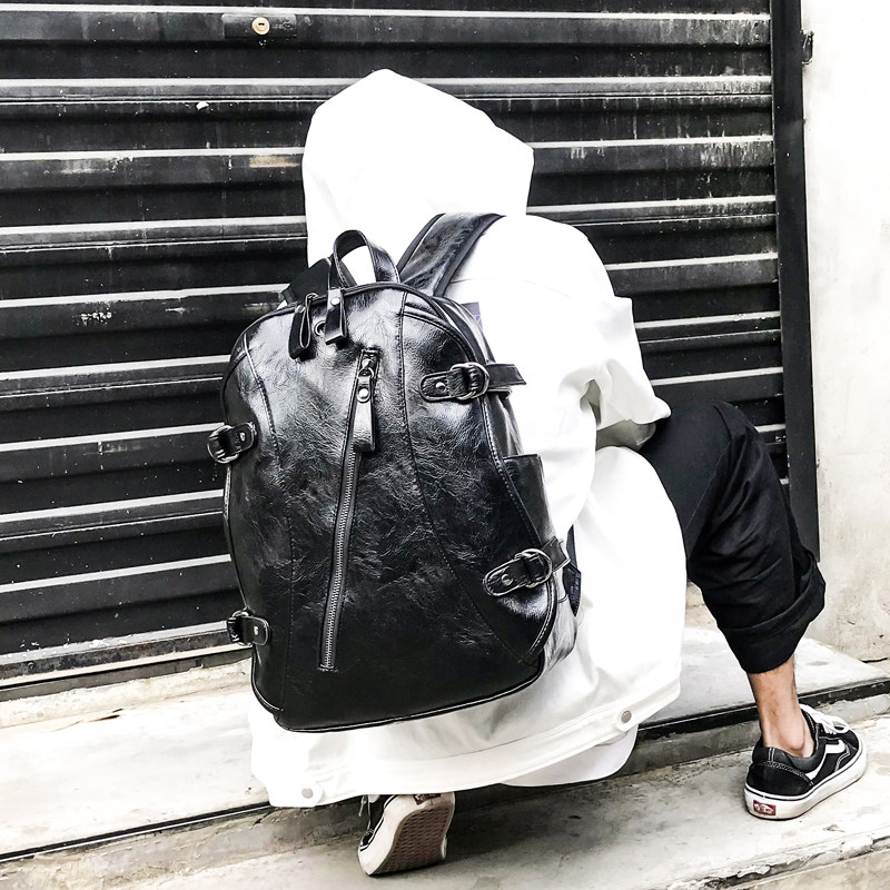 Leather new trendy men's street outdoor backpack student school bag computer bag Korean version leisure travel backpack 2022