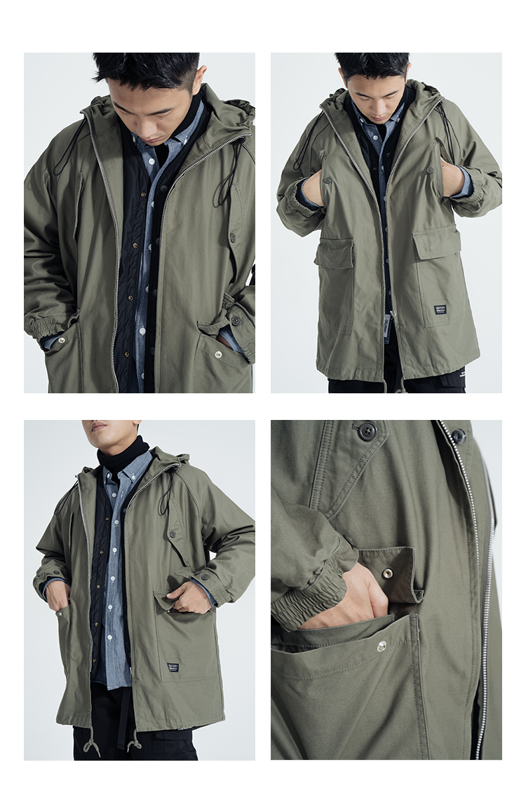 VERMICELLI vmcl 18AW quốc gia satin dây kéo satin áo trùm đầu áo khoác dài áo khoác lỏng lẻo áo gió đi mưa