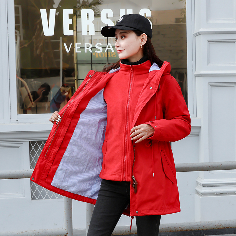 Catch Suede Softshell Submachine Clothing Woman Tide Card Autumn/Winter Three-in-one Detachable Gard Jacket Mid-Length Outdoor Waterproof Wind Suit