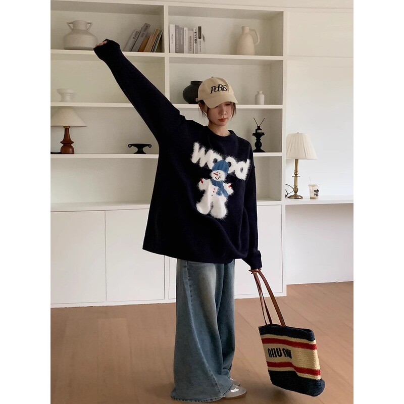 Navy Blue Snowman Lazy Style Knitted Base Shirt Sweater for Women 2025 New Winter Christmas Outfit Top