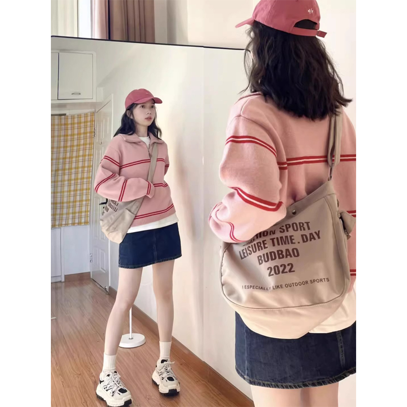 Vintage Color-Block Striped Half-Zip Polo Collar Pink Sweater for Women, Spring and Autumn, Petite Size, Turn-Down Collar Pullover Knit Top Vintage Color-Block Striped Half-Zip Polo Collar Pink Sweater for Women, Spring and Autumn, Petite Size, Turn-Down Collar Pullover Knit Top