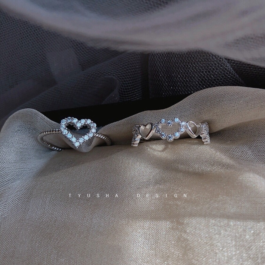 TYUSHA design S925 pure silver inlaid zircon stone flash drilling loving hollowed-out ring female Japan-ROK minimalist sweet and beautiful ring