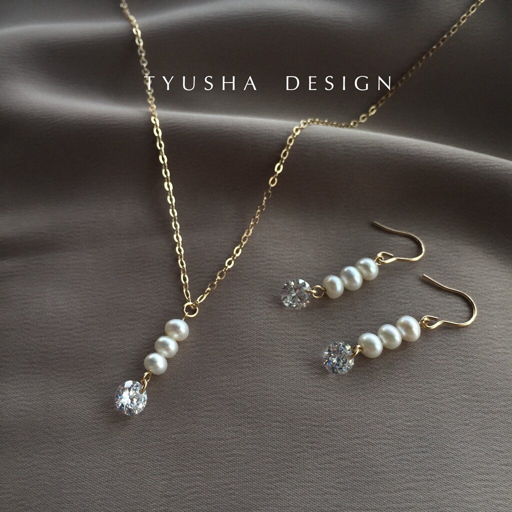 TYUSHA Design Natural Freshwater Pearl Imported 14K Gold Injection Loose Diamond Clavicle Chain Necklace Earrings Earrings Gentle