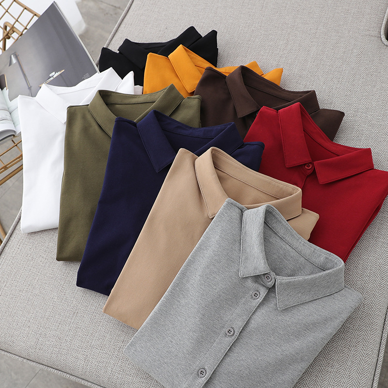 Spring Small Square Collar Base Shirt Knitted Cotton Stretch Xinjiang Combed Cotton Long-Sleeve Shirt Women's Straight Base Shirt