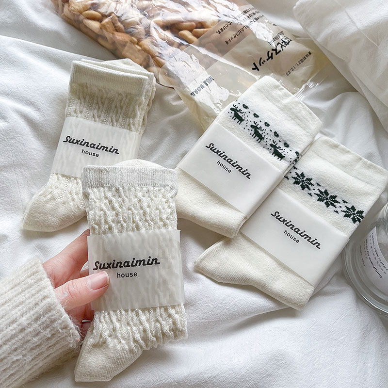 Nut Moms Numb Flowers Middle Stocking Socks Children Spring Fall Ins Tide Green Cute Day Ensemble White Pure Cotton Long Barrel Socks