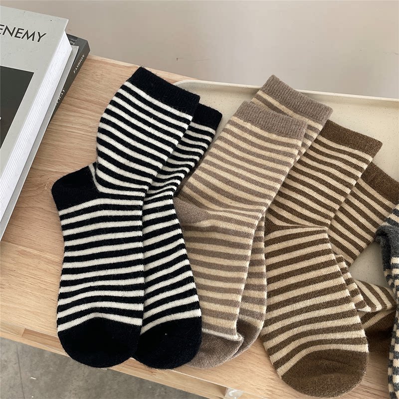 Nut Mommy Wool Brushed Striped Socks Woman Autumn Winter Ins Surge Thicken Warm Days Family of Pink Midbarrel Bubble Socks