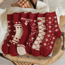 Nuts Mommy Red Socks Female Autumn Winter Wool Socks New Year Socks This Year Wedding Foreign Wear Midcylinder Socks