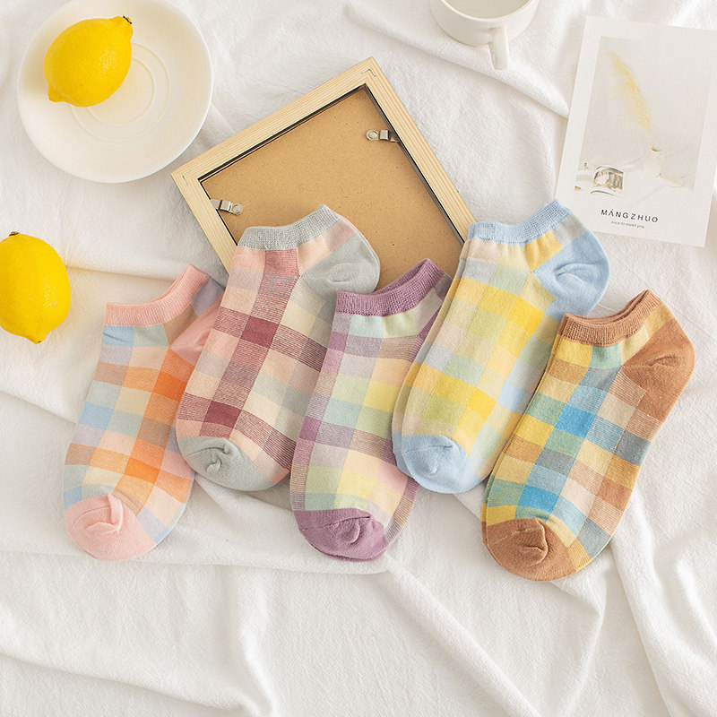 Fresh and contrasting color plaid boat socks female summer Korean Japanese cute sweet girl heart student socks socks shallow mouth
