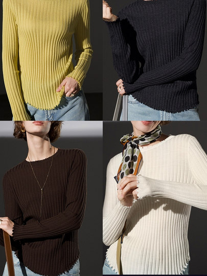 Anna Kengen Seven Days of Good Mood Merino Wool Distressed Slim Fit Stretch Ribbed Slimming Versatile Women's Base Shirt