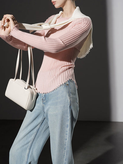 Anna Kengen Seven Days of Good Mood Merino Wool Distressed Slim Fit Stretch Ribbed Slimming Versatile Women's Base Shirt