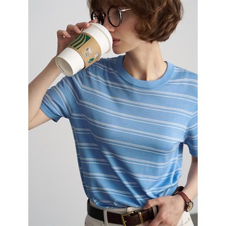Anna Rejuvenation Mulberry Silk 18-Needle Dense Woven Stripesd Short-Sleeved Miu Style Round Neck Comfortable Knitted T-Shirt for Women Summer