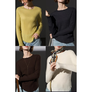 Anna Kengen Seven Days of Good Mood Merino Wool Distressed Slim Fit Stretch Ribbed Slimming Versatile Women's Base Shirt