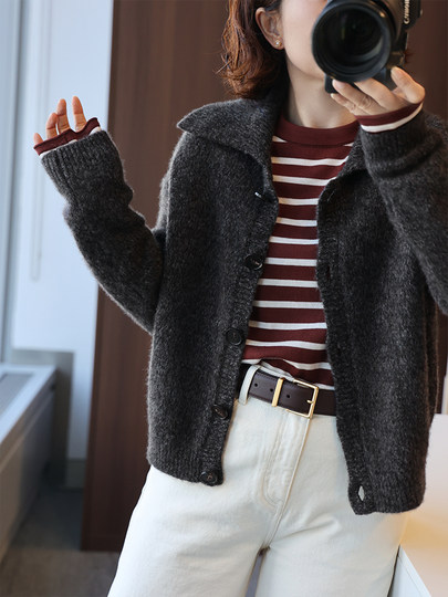 Anna Kengen Nan Gang's Autumn White Factory Silk Cashmere Floral Yarn Lapel Vintage Loose Cardigan Old Money Style 355g