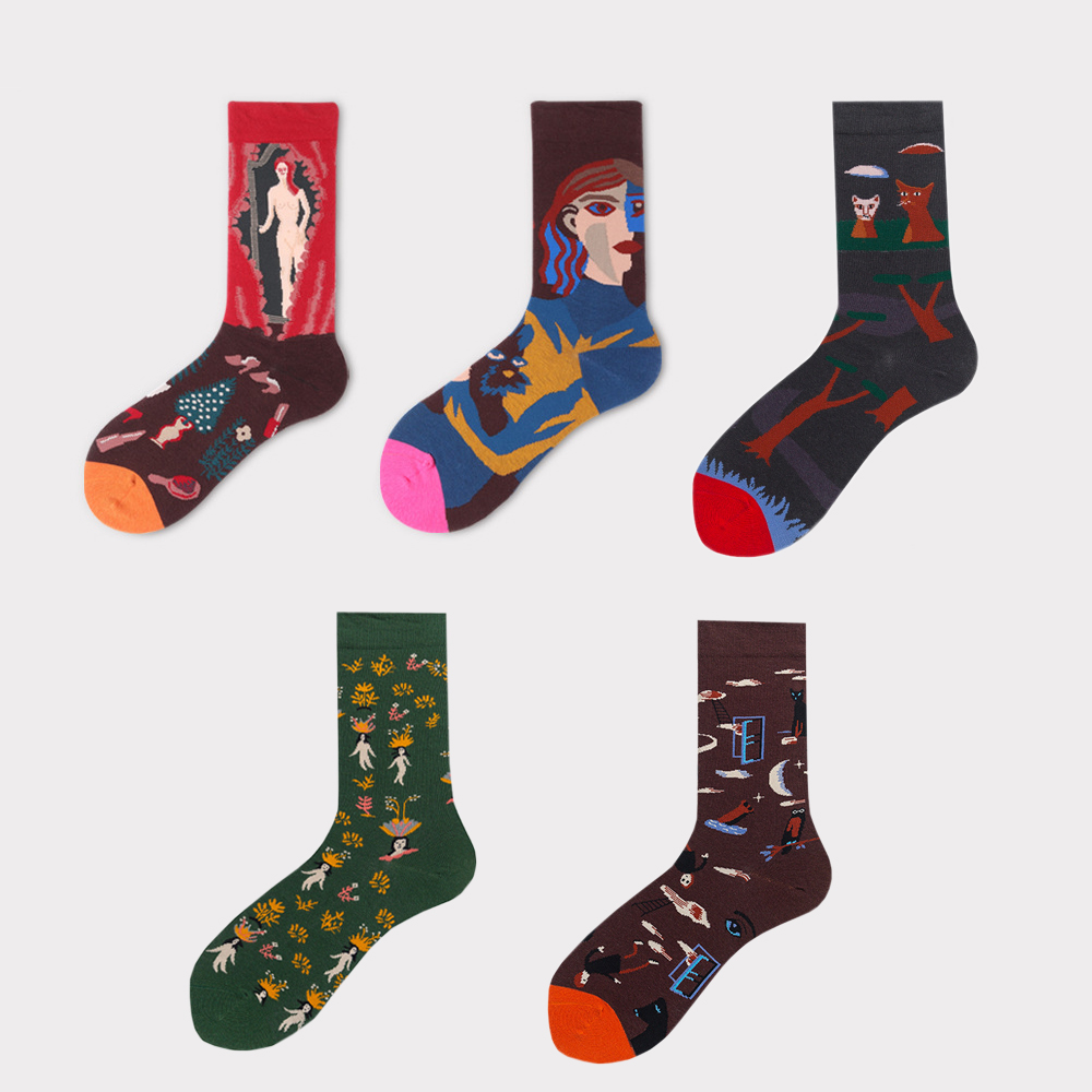 French romantic art trendy socks, mid-high tube couple socks, street INS style skateboard socks, sweat-absorbing sports high-waist socks