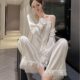 2024 New Pyjamas for Women Spring and Autumn Ice Silk Sexy Lace Suspenders Long Sleeve Three-piece Silk Home Clothing Set