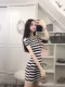 Váy ngủ hè hè quần áo nữ 2019 phiên bản mới của Hàn Quốc khí chất Slim là váy quây sọc ngắn tay ngắn túi hông - váy đầm