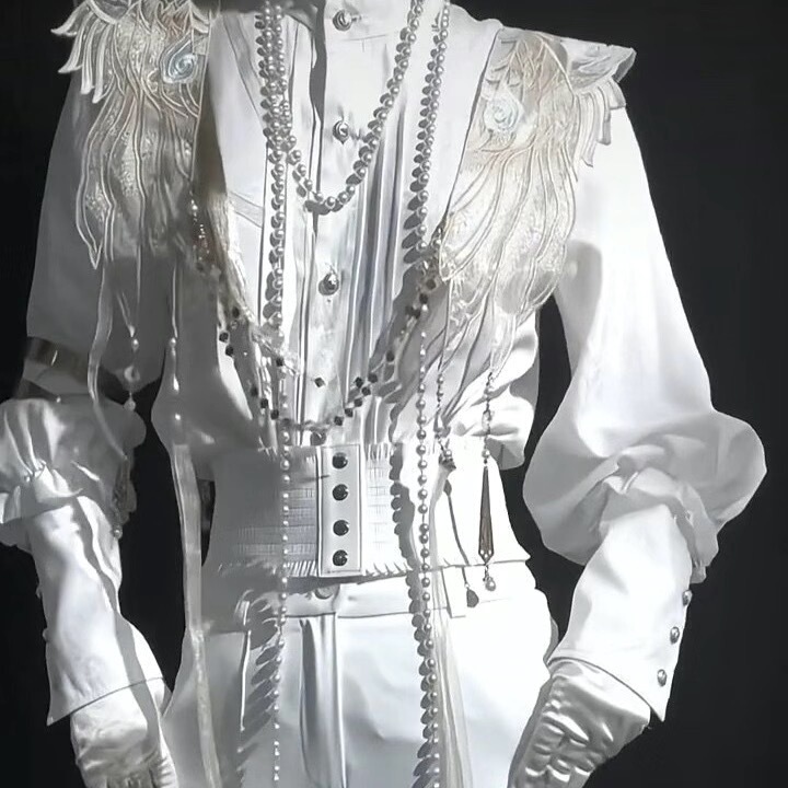 Medieval Stand-Up Collar Gothic Satin Shirt Lolita Blouse Prince Top with Cloud Shoulders Unisex Gender-Neutral Medieval Stand-Up Collar Gothic Satin Shirt Lolita Blouse Prince Top with Cloud Shoulders Unisex Gender-Neutral