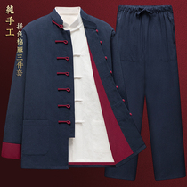 China Wind Down with mens cotton linen Three sets of Chinese style upright collar Zhongshan clothing Hanfu Zen Zen tea Suit Autumn Suit