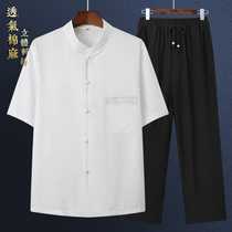Short sleeve Tang Dress Mens Senior Linen Daddy Summer Summer Chinese Grandpa Chinese Cotton Shirt