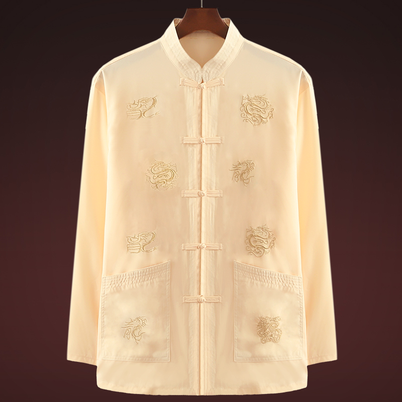 Chinese Tang dress men's long-sleeved top Middle-aged and elderly grandfather outfit autumn outfit Dad Chinese style cotton silk old man clothes outfit