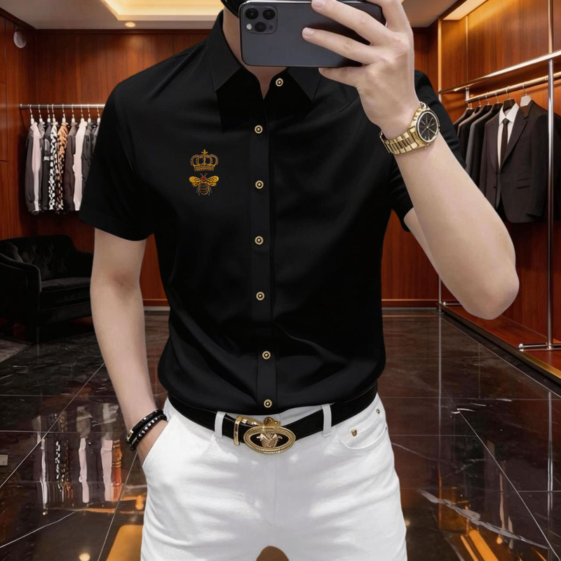 Men's High-End Summer Business Casual Short-Sleeved Shirt, No-Iron, Stretchy, Anti-Wrinkle, Crown Embroidery, Black Shirt, Men's Clothing