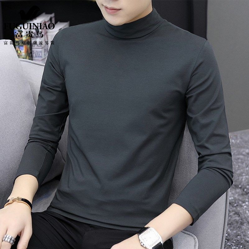 Wealthy birds 2021 new men's long sleeve T - shirt half - collar and pure color to hit the shirt and Korean tops tide