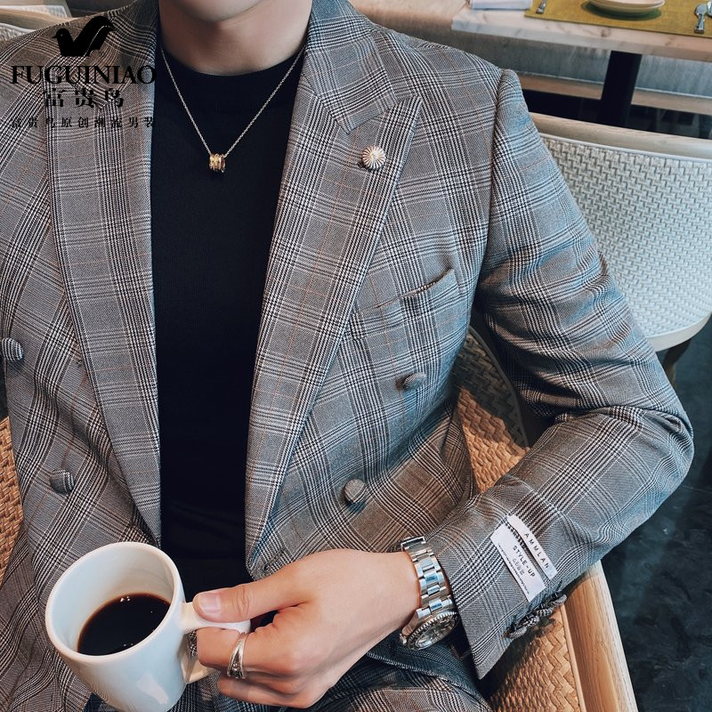 Fugui bird men's suit suit Han version Body Fashion Trend Business Dress Casual Plaid Jacket High-end Spring Autumn Season