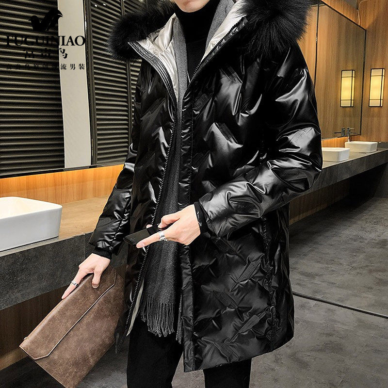 Fuguiniao winter new down jacket men's mid-length version trend bright Korean version plus velvet thick windbreaker jacket men