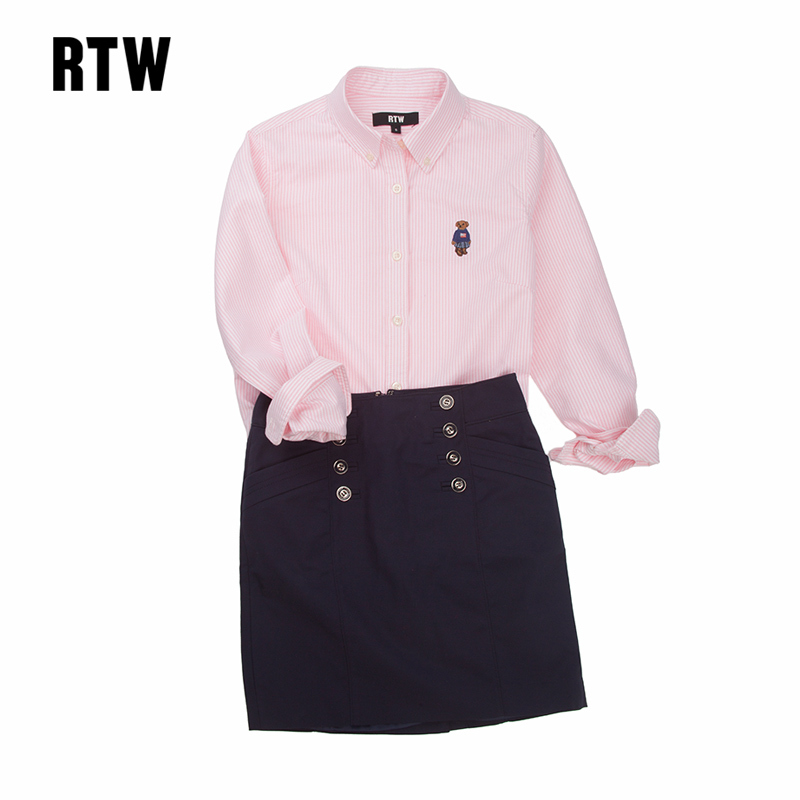 Rtw Spring Shirt for Women, American Style Bear Print, Pink Vertical Stripes, Long-Sleeved Shirt, Blue Oxford Cloth Slim-Fit Jacket Top Rtw Spring Shirt for Women, American Style Bear Print, Pink Vertical Stripes, Long-Sleeved Shirt, Blue Oxford Cloth Slim-Fit Jacket Top