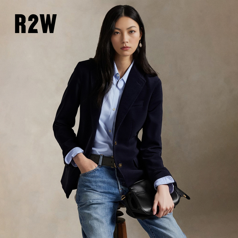 R2W American-Style Corduroy Casual Blazer for Women, Navy Blue, Slim Fit, Vintage Old Money Style, Structured Shoulder, Elegant Suit Jacket
