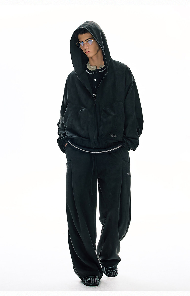 BJHG Faux Suede Hooded Zip-Up Sweatshirt