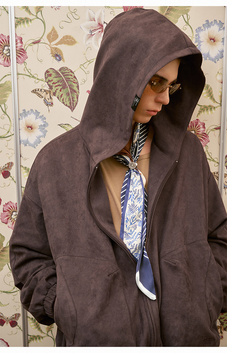 BJHG Faux Suede Hooded Zip-Up Sweatshirt