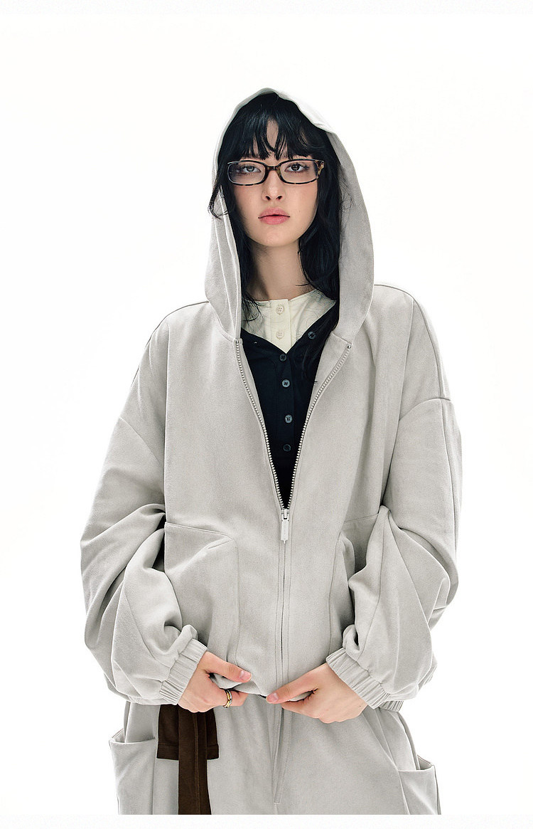 BJHG Faux Suede Hooded Zip-Up Sweatshirt