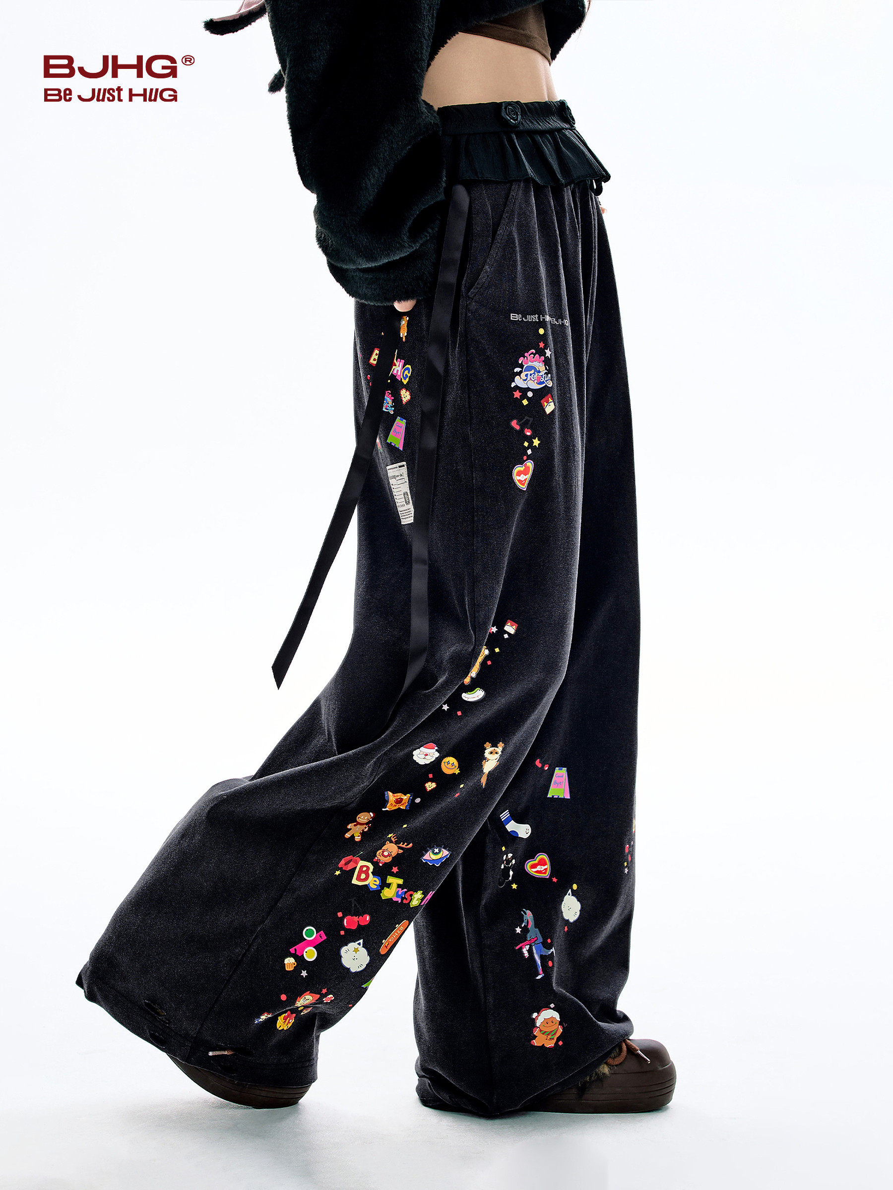 Bjhg Reckless Fun Illustration Casual Pants Women's Autumn Design Pure Cotton Wide-Leg Sports Sweatpants Women