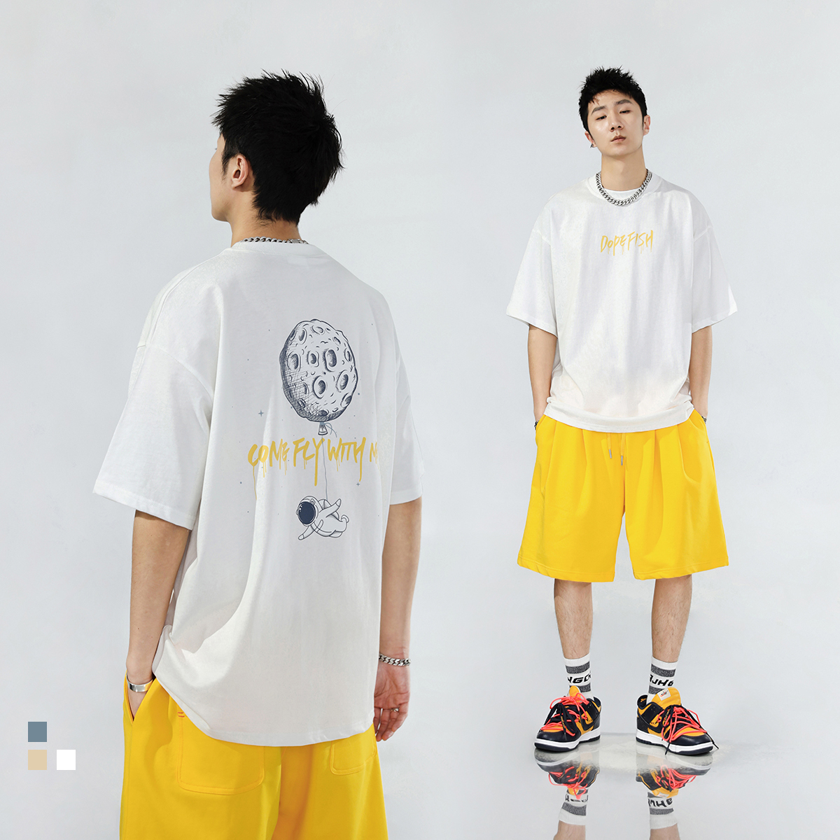 Summer new astronaut lunar letter printed short sleeve T-shirt male loose casual trend rufflet-handsome street blouse