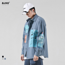 Autumn hip-hop casual long-sleeved shirt jacket Mens fashion brand Japanese loose contrast color trend Korean version of the port wind printed shirt