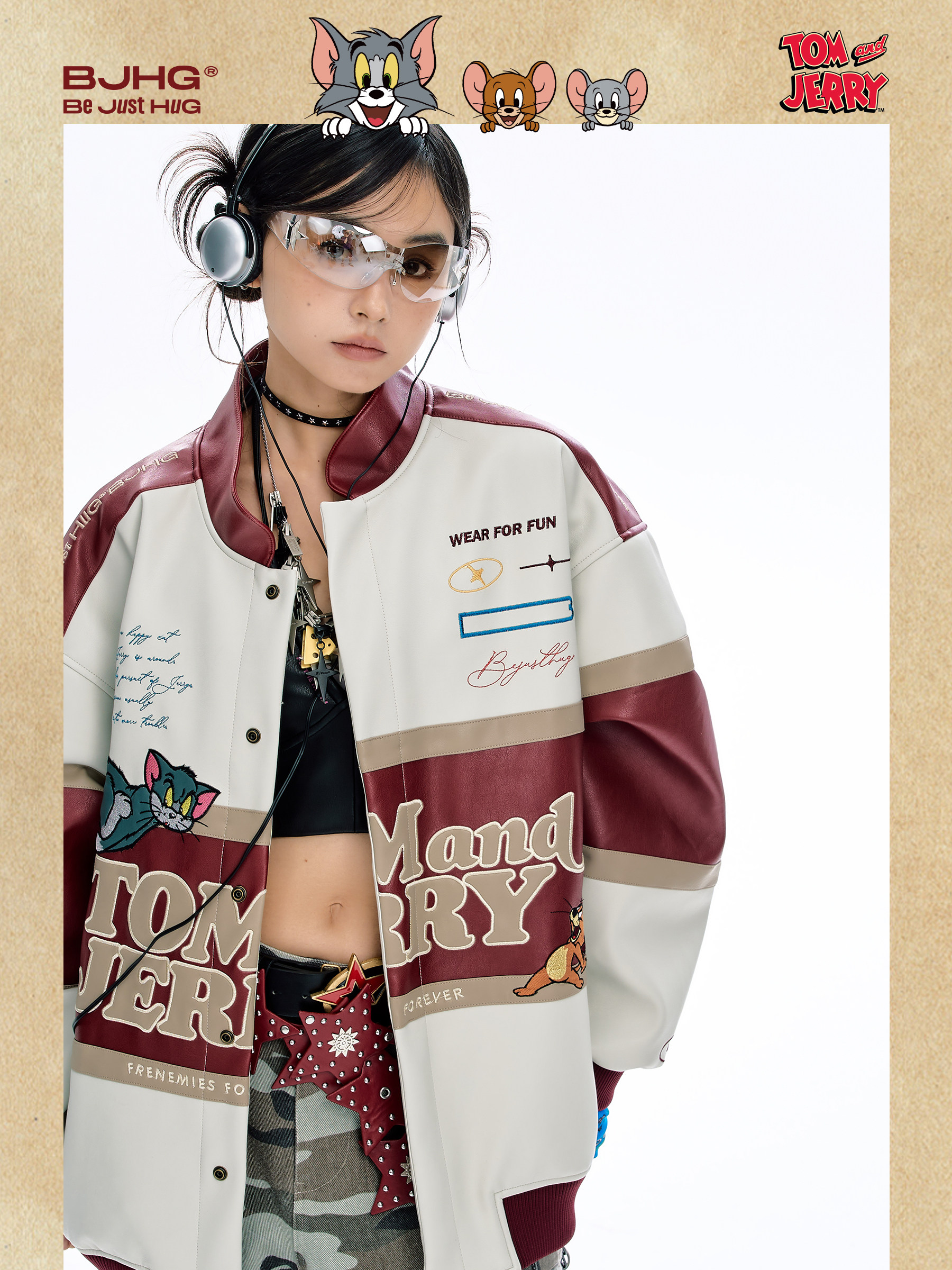 [Tom and Jerry Collaboration] Bjhg Reckless Vintage Leather Jacket for Men, Niche Racing Suit with Leather Inserts for Women