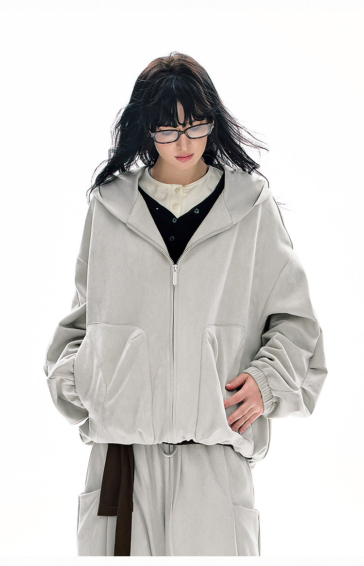 BJHG Faux Suede Hooded Zip-Up Sweatshirt