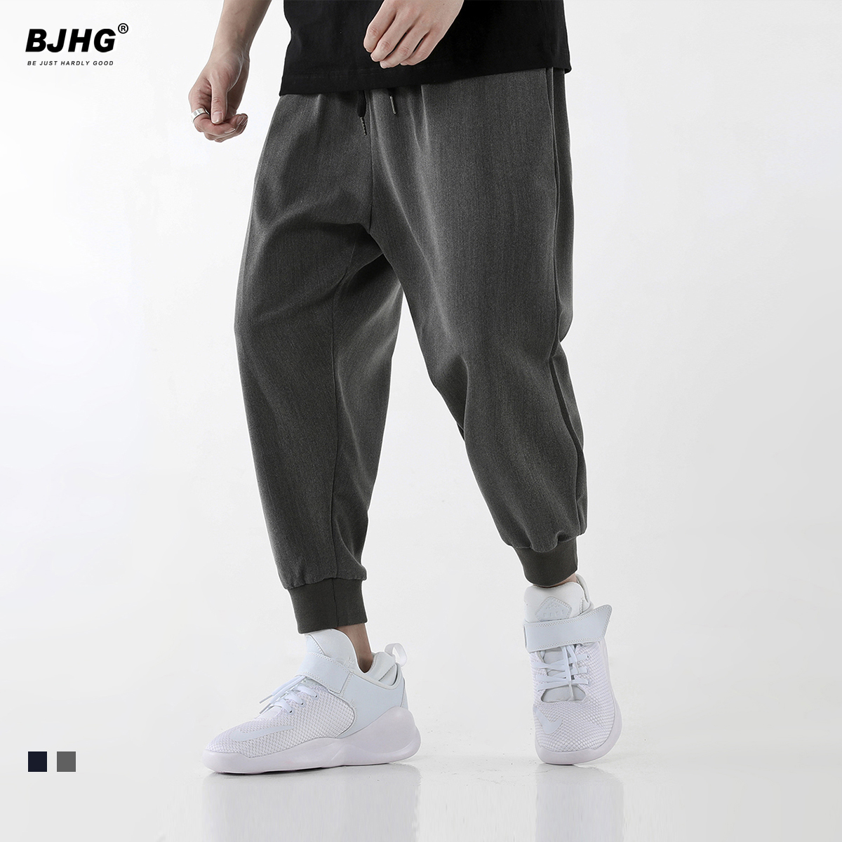 Autumn ice silk trend loose casual radish pants Trendy men all-match ruffian handsome Harun nine-point pants sports drawstring pants