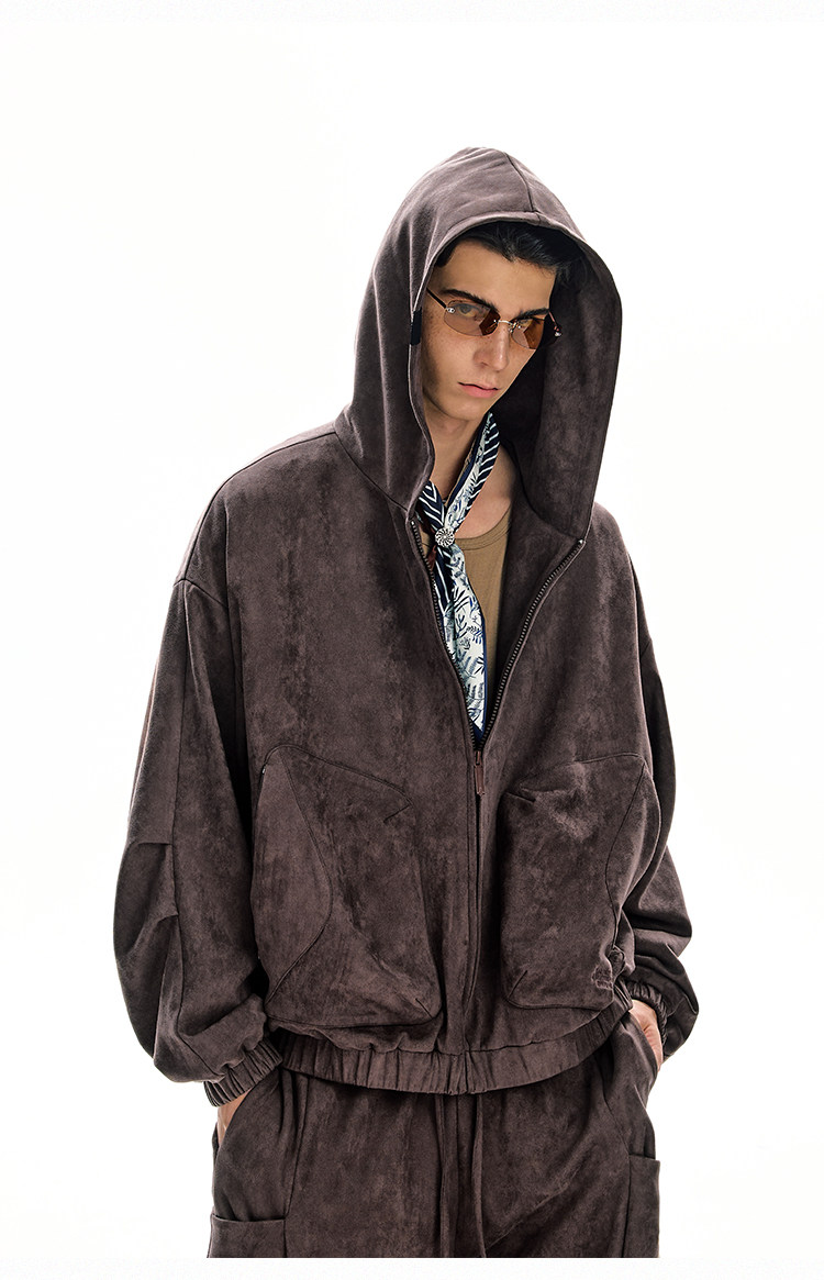 BJHG Faux Suede Hooded Zip-Up Sweatshirt