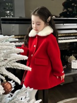 Free liner Petit Nez] 100% wool double-sided velvet girls coat Year of the Dragon red removable rabbit fur collar