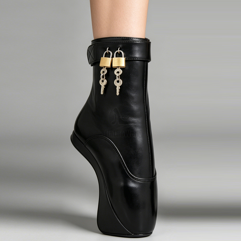 18cm High-Heeled Patent Leather Ankle Boots with Padlocks, Ballerina Style, Queen Lace-Up Short Boots, Cross-Dressing, Cdsm, Plus Size